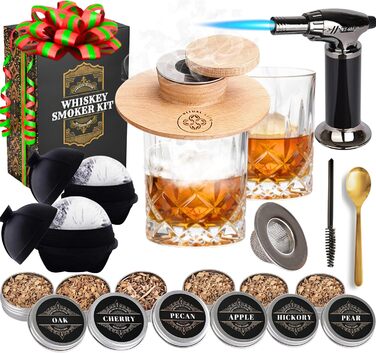 Набір для копчення віскі - Копчення коктейлів з факелом, 2 склянки віскі, 2 форми для льоду, 6 смаків тирси - Набір для копчення бурбону Old Fashioned - Подарунок для любителів бурбону