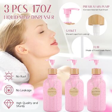 Набір для ванної кімнати 17 предметів: аксесуари для ванної, сміттєвий бак, дозатори мила, тримач для зубних щіток, дерев'яні гачки (рожевий). Підходить для ванної та кухні