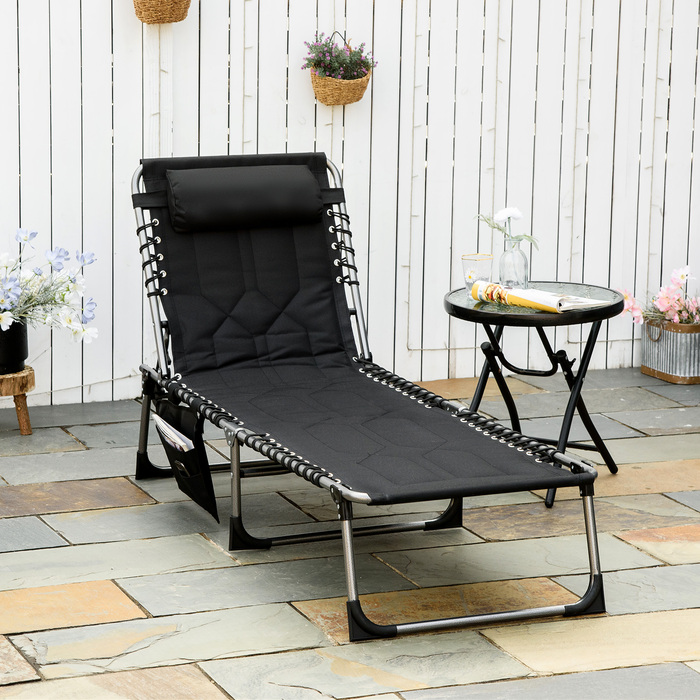 Складний розкладний шезлонг Outsunny Sun Lounger з подушкою 5-рівнева регульована спинка сталева оксфордська тканина чорний 188x57x30см для саду та патіо