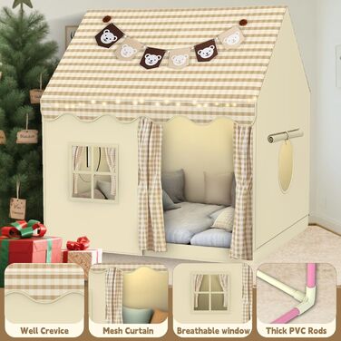 Дитячий намет-будиночок для гри в приміщенні з LED-підсвіткою та декором ведмедика, дитячий намет-ліжко, ігровий намет для дому, намет принцеси з вікнами, декор для дитячої кімнати, намет для читання та дитячий будиночок