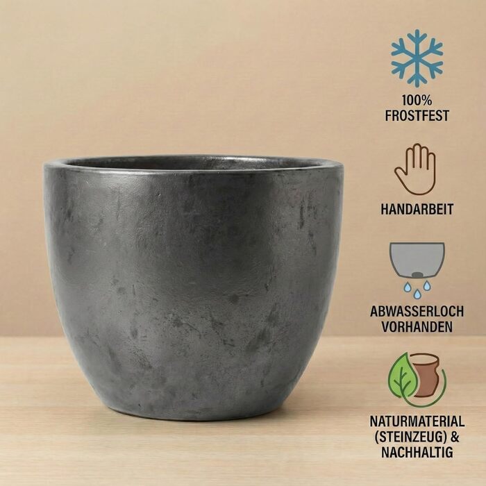 Керамічний горщик Teramico Premium – ручної роботи, морозостійкий, для квітів, 60х50 см (Антрацит)