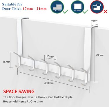 Дверні гачки YUMORE з 12 міцними гачками з нержавіючої сталі для спалень, пальто, курток, гаманців, сумок, одягу та рушників (нержавіюча сталь 304, ) (до 2,1 см, білий-2,1 см)