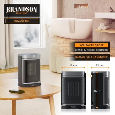 Керамічний обігрівач Brandson з дистанційним керуванням, тихий, енергозберігаючий, з осциляцією, дитячим замком та таймером. Ідеально для ванної, вітальні, офісу та дитячої кімнати. Без Wi-Fi