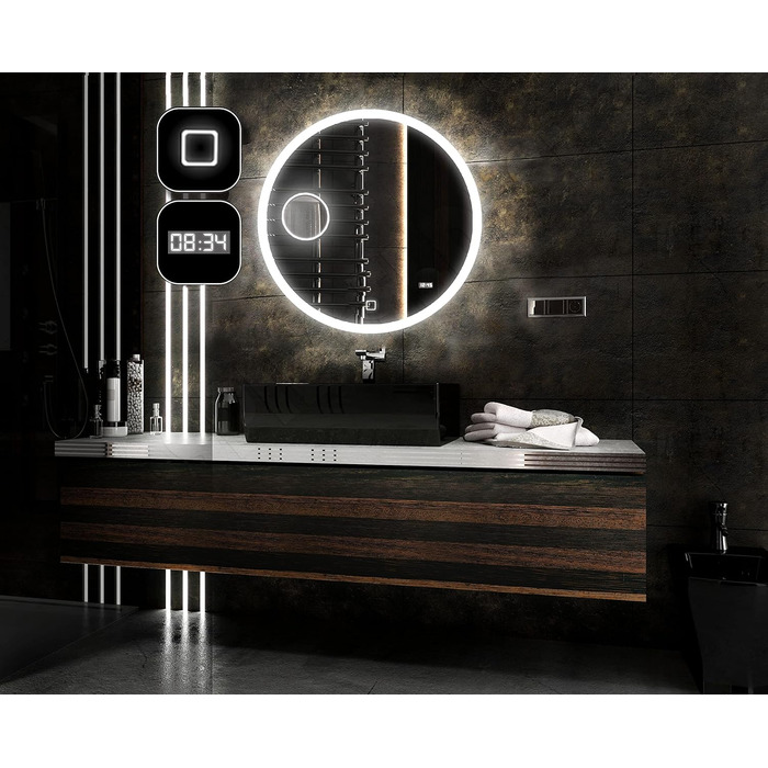 Дзеркало для ванної кімнати з підсвічуванням LED, діаметр 90 см. Кругле дзеркало для ванної кімнати з LED-підсвічуванням, нейтральний колір світла 4000K. Без додаткових функцій.