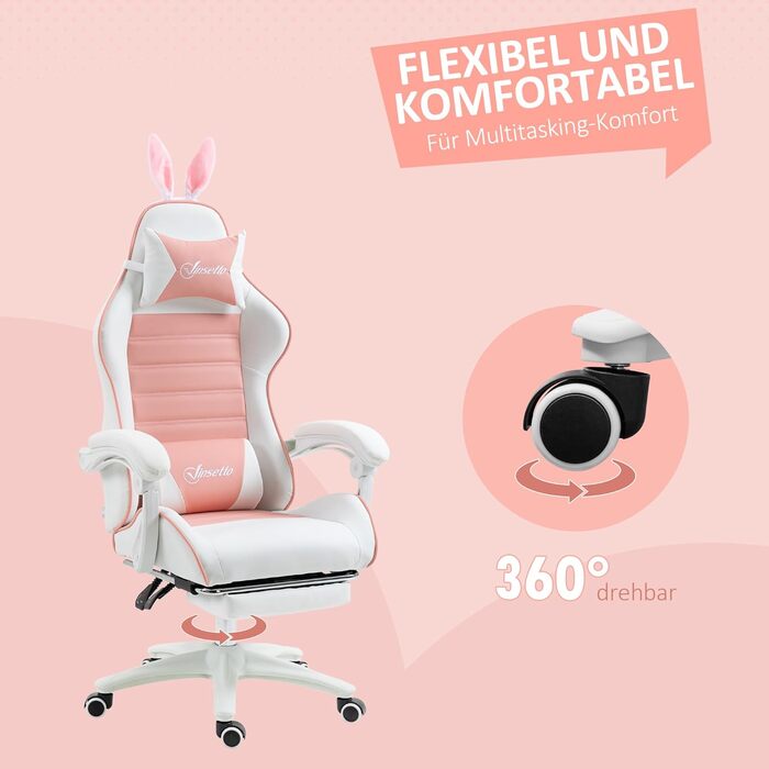 Крісло геймерське Vinsetto Ergonomic з підніжкою, подушкою для голови та попереку, регульованою спинкою, рожеве