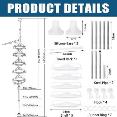 Регульована по висоті душова полиця, без свердління Душова поличка, біла Душова стійка, штанга з нержавіючої сталі, телескопічна душова поличка, кутова душова полиця з 5 душовими піддонами, 4 гачки, 1 рушникосушка, 100-310