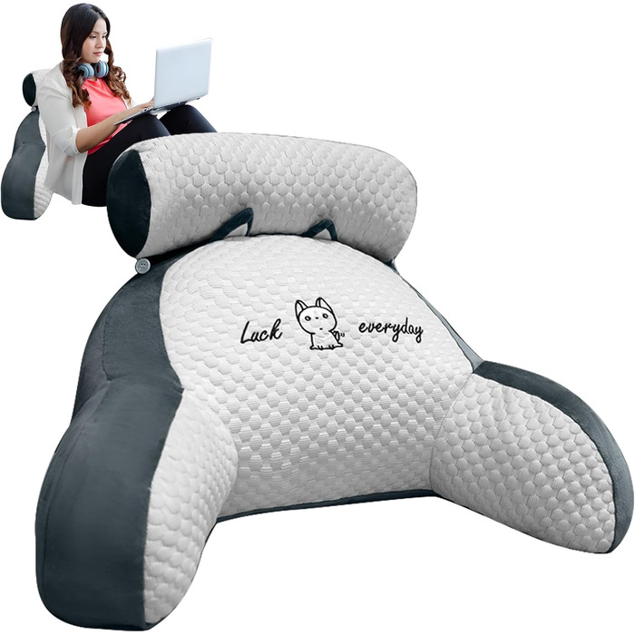 Комфортне крісло-подушка для читання, 70x50 см, сірий, з підголовником та підлокітниками