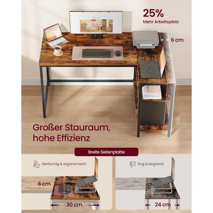 Кутовий стіл VASAGLE L-подібний для дому та офісу, комп'ютерний стіл з полицями, 120 x 80 см, вінтажний коричневий (LWD136KD01)