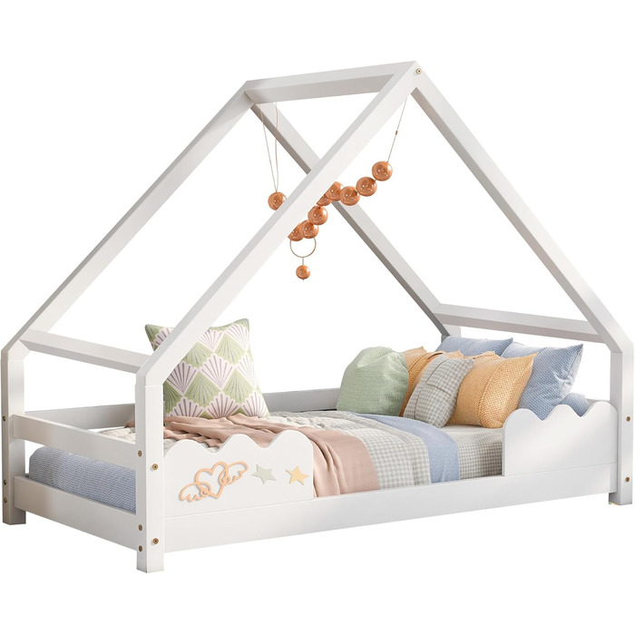 Ліжко дитяче Merax 90x200 см, будиночок з ламелями, захистом від падіння, для хлопчиків та дівчаток, біле