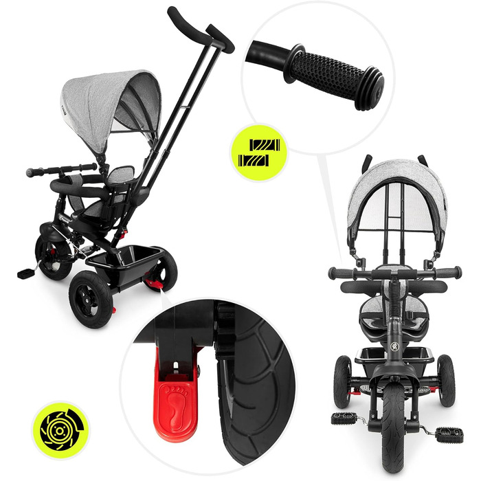 Триколісний велосипед HyperMotion з ручкою для батьків 3-в-1, сірий - для дітей від 1 до 4 років (до 20 кг)