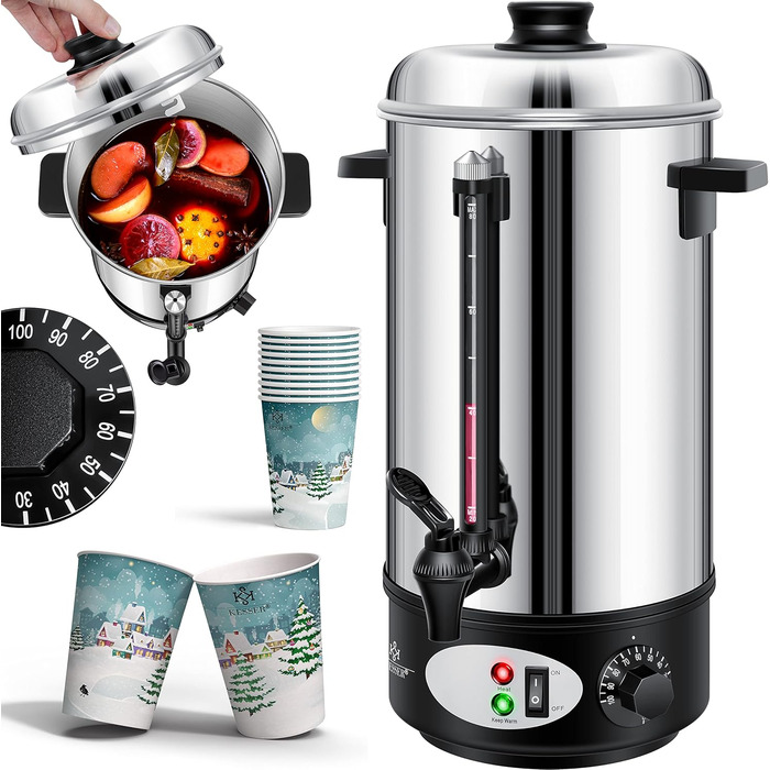 Глювайновий котел KESSER® 8L з нержавіючої сталі: котел для глінтвейну з термостатом, 10 склянок, дисплей рівня, кран, сріблястий