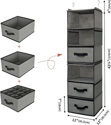 БАБУСЯ КАЖЕ Підвісний органайзер з висувними ящиками, 1 упаковка, підвісна полиця тканина для спальні (сіра роздільна)
