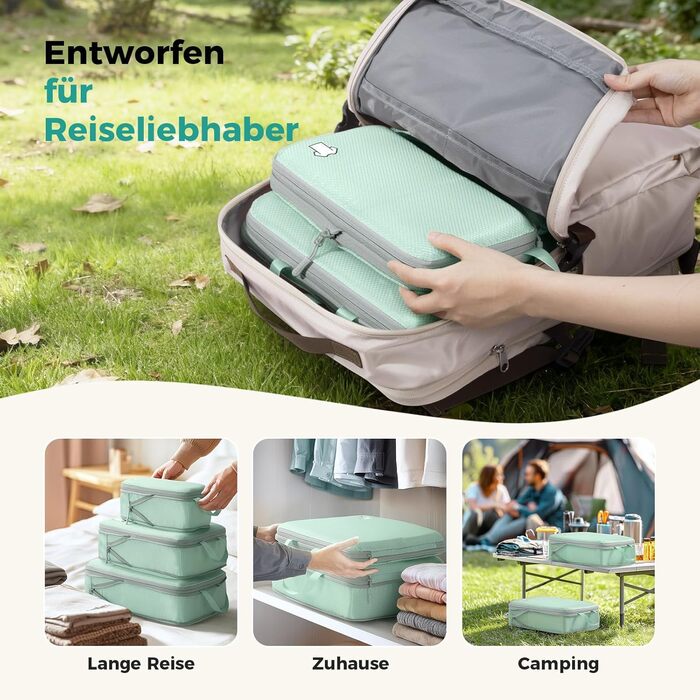 Набір органайзерів для подорожей у валізу з компресією, 8 водонепроникних пакувальних кубів для ручної поклажі та рюкзака, зелений колір