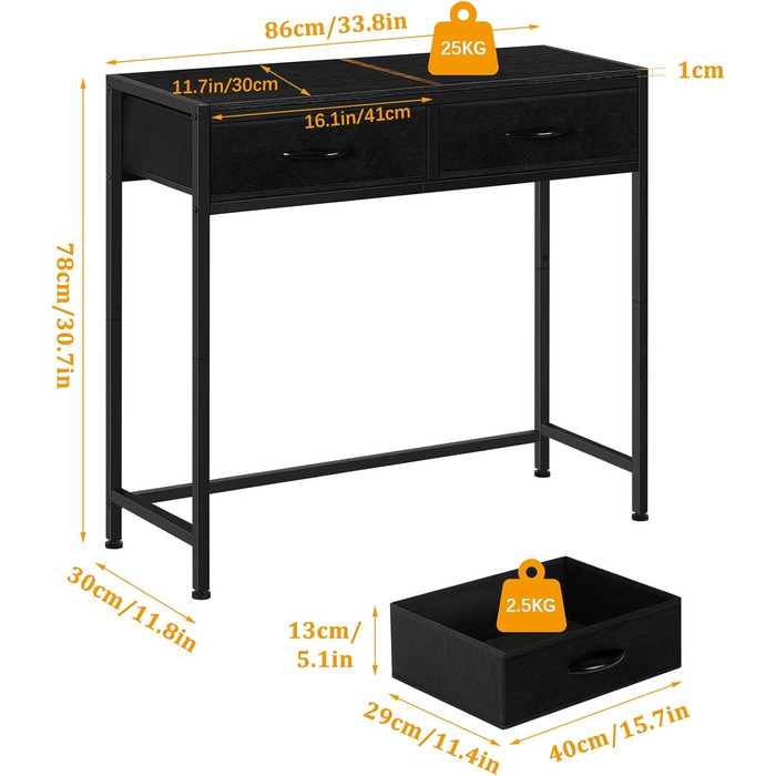 Консольний стіл UOMIO, 86x30x78 см, з висувними ящиками, індустріальний стиль, вінтажний чорний для передпокою/вітальні