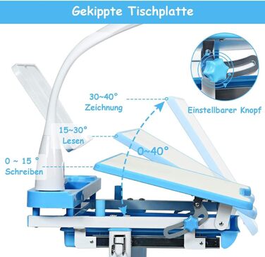 Дитячий стіл COSTWAY регулюється по висоті, Письмовий стіл для учнів з лампою, Дитячі меблі з регулюванням нахилу, Дитячий стіл зі стільцем, Письмовий стіл з ящиком, Вибір кольору (світло-блакитний)