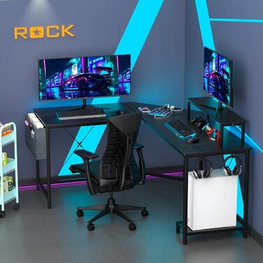 Ігровий стіл HaodaCulture 160x135 см з підставкою для монітора, 2 розетки та 2 USB-порт, кутовий, для комп'ютера, великий, 160 x 135 x 75 см