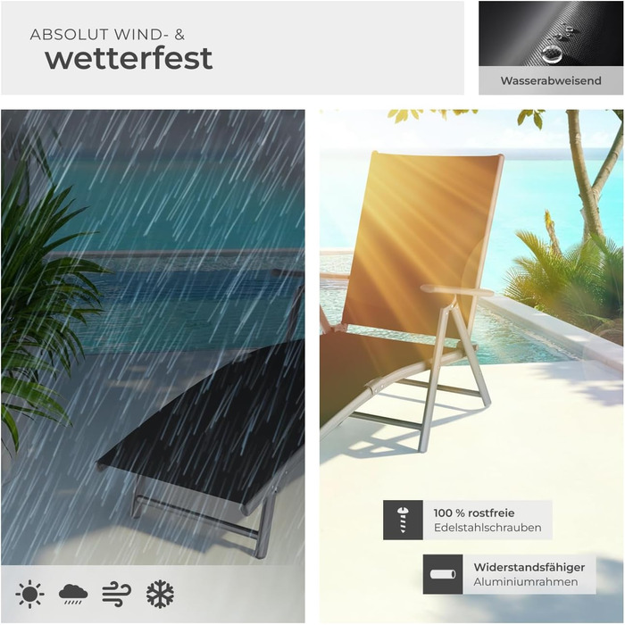 Шезлонг Tectake алюмінієвий, складний, з підлокітниками, регульована спинка, стійкий до погодних умов, для балкона, саду, тераси або кемпінгу - Сріблясто-сірий (Темно-сірий)