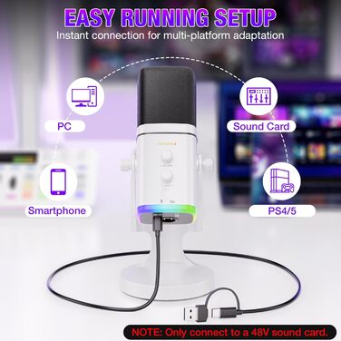Мікрофон Facmogu для подкастів та стрімінгу, USB/XLR, з RGB-підсвічуванням та регулюванням гучності, білий