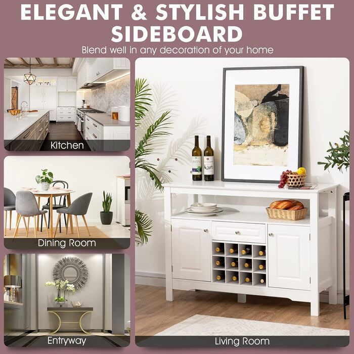 GIANTEX Буфет з полицями для вина, комод у шафу, білий, з ящиками та 2 шафами