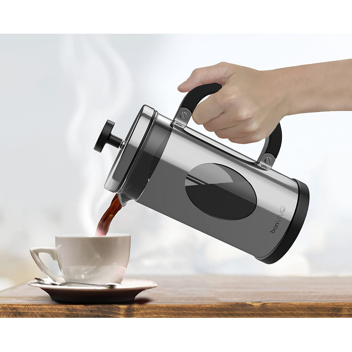 Кавоварка для кави bonVIVO GAZETARO I French Press з дизайном під срібло, скляна кавоварка з фільтром з нержавіючої сталі-Кава