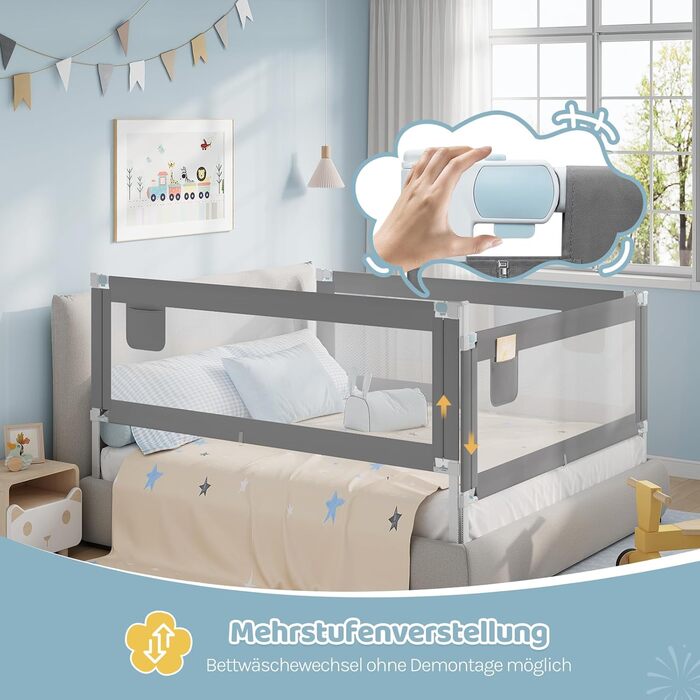 Бортик для ліжка WOLTU 150 см, захисний бар'єр для дітей та немовлят, регульована висота 69-87 см, тканина Оксфорд, металевий каркас, темно-сірий