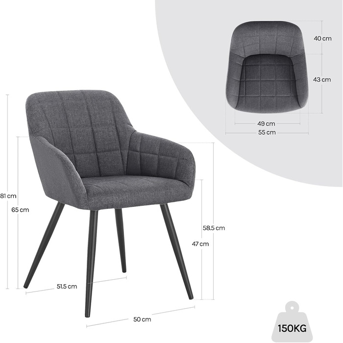 Крісло для їдальні WOLTU - 1 шт. Сучасне крісло з підлокітниками, тканина льон, металевий каркас, темно-сірий колір