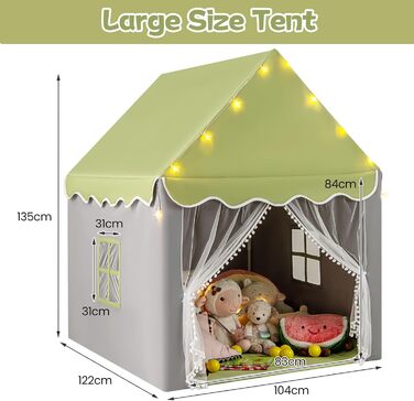 Дитячий намет HOMASIS для гри в приміщенні, ігровий будиночок з килимком, зірками та вікнами, з подвійним занавісом, намет для дівчаток та хлопчиків, намет- tipi (зелений)