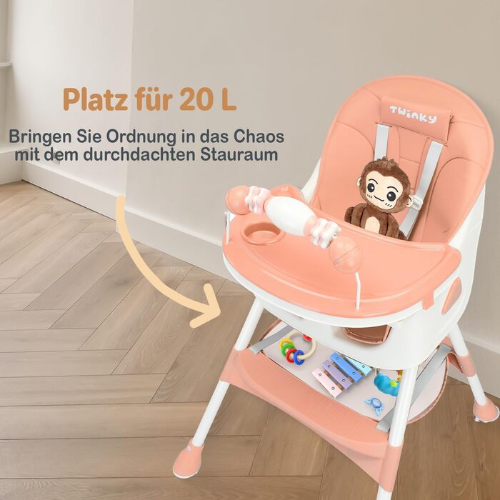 Дитячий стільчик для годування Twinky Hochstuhl Baby ECO з регульованою спинкою, функцією розкладання та столиком - підходить для новонароджених та дітей (Рожевий)