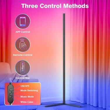 LED Торшер у вітальню RGB з димером, пультом та керуванням через додаток. Кутова LED лампа з 16 млн кольорів, 68+ режимів, музичний режим для спальні та геймінгу