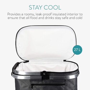 Складна сумка-холодильник Navaris Thermo для покупок-кошик-холодильник об'ємом 27 л, ізольована кошик для пікніка-сумка для покупок розміром 43x26 см, герметична сумка-холодильник чорного (сірого) кольору