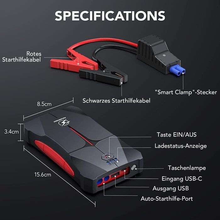 Powerbank для запуску авто FLYLINKTECH 4000A, 12V. Запуск до 9L бензину/8.5L дизеля. IP67, водонепроникний. LED, USB та USB-C.