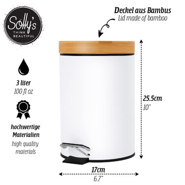 Косметичне відро Sollys об'ємом 3 л з бамбуковою кришкою, педальне відро з автоматичним опусканням для ванної кімнати (біле, 3 літри)