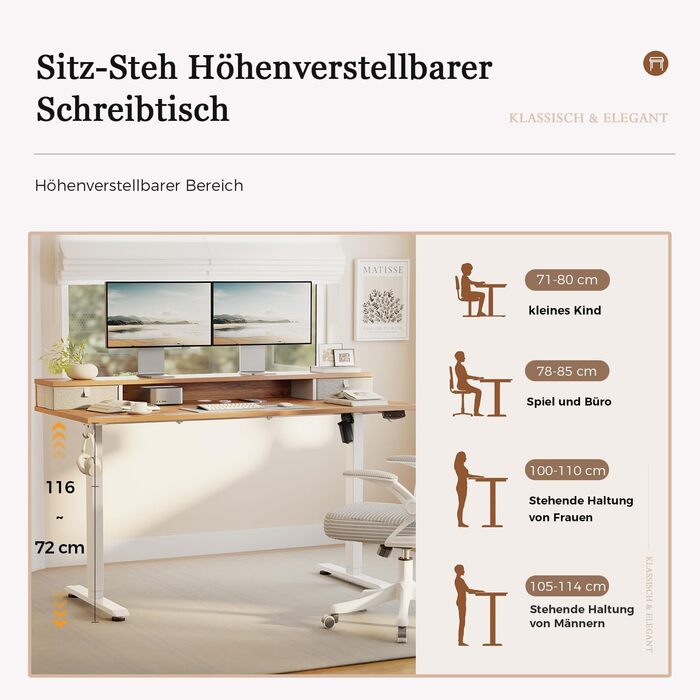 Регульований за висотою стіл Klicelor з двома ящиками, електричний, для офісу, 140 x 60 см