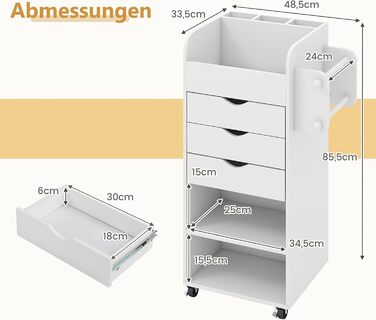 Роликовий контейнер COSTWAY з 3 висувними ящиками, робочий візок з 2 ручками та 3 полицями, дерев'яний шафка на колесах, багатофункціональний візок для офісу/кабінету (білий)