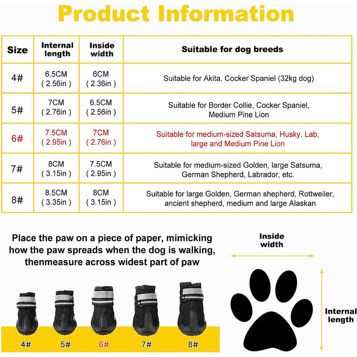 Взуття для собак Faankiton з 4 предметів захист лап, водонепроникне взуття для собак з нековзною підошвою і світловідбиваючим ремінцем для собак середнього і великого розміру (6 (Д * Ш) 7,5 см (2,95 дюйма)*7,0 см (2,76 дюйма))
