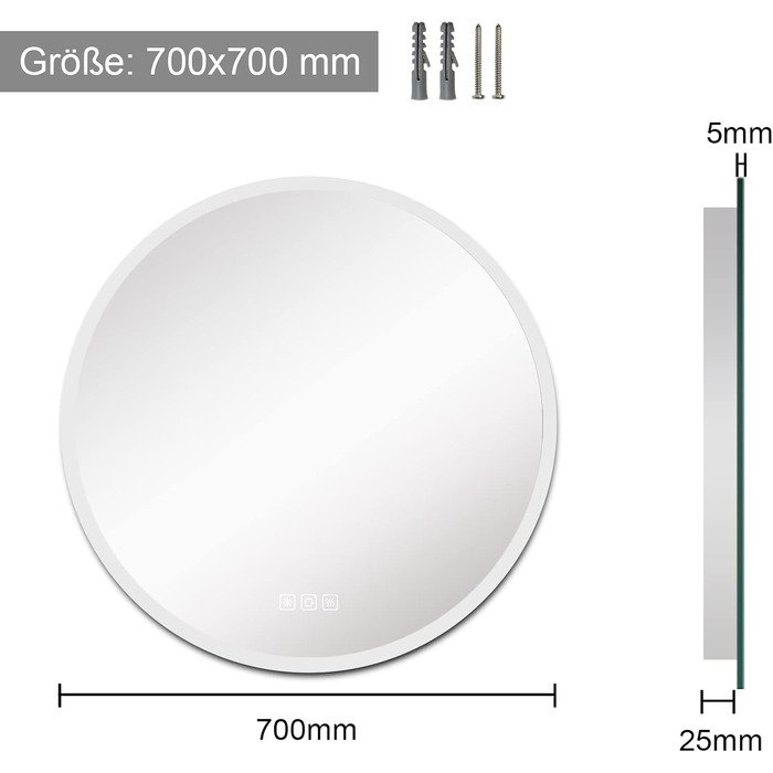Дзеркало для ванної кімнати Furduzz LED з підсвічуванням, 700 мм, сенсорне керування, диммування, 3 кольори, проти запотівання, пам'ять, 70x70 см