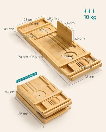 Полиця для ванни розкладна SONGMICS з бамбука 70-95.6 см, бежева - для книг, планшета, келиха, рушників