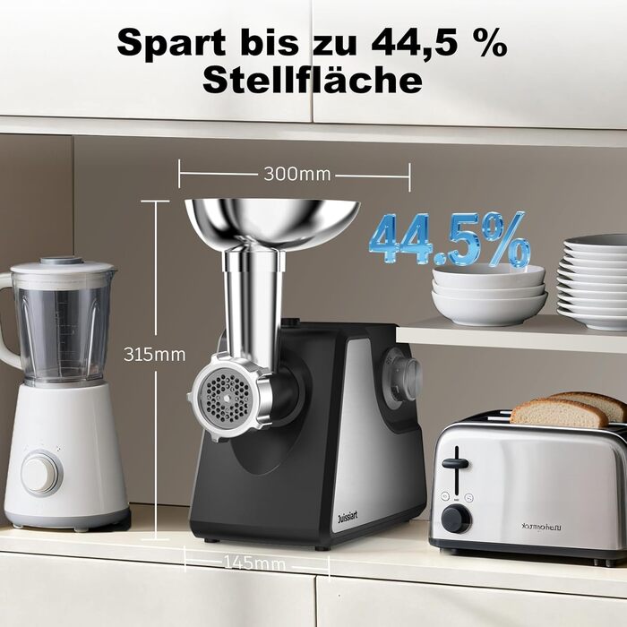 Електрична м'ясоподрібнювач Fleischwolf Juissiart: подрібнювач, фарш, ковбасний насадка, нержавіюча сталь, 3 диски, для кеббе, універсальний