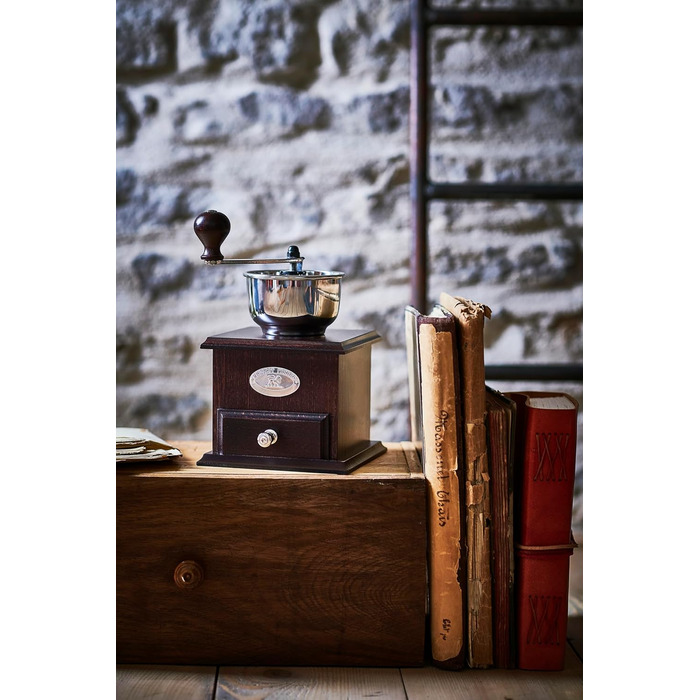 Кавомолка Peugeot Nostalgie - ручна, з регульованим сталевим жорном, 21 см, з воронкою, з бука, шоколадного кольору
