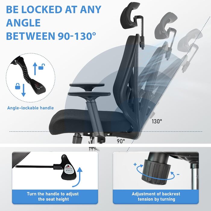 Ергономічне крісло для офісу з підголівником та підтримкою попереку, регульовані підлокітники та висота, поворотне крісло з регулюванням нахилу 90°-130° (фіксація), вантажопідйомність до 150 кг