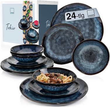 Sänger Tafelservice Tokio: 24-ти елементний набір посуду для 8 осіб, стегонна кераміка, сучасний ручної роботи, темно-синій з чорними акцентами | PREMIUM COLLECTION