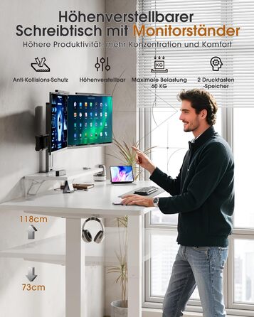 Електричний регульований стіл TRIUMPHKEY 140x60 см з підставкою для монітора, білий