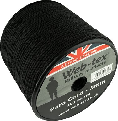 Рулон парашутного шнура Web-tex - товщина 3 мм - Довжина 100 м (Чорний)