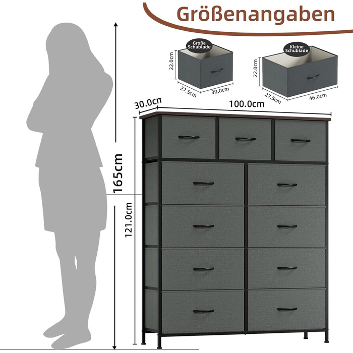 Комод з шухлядами Somdot, тканинний комод, комод для спальні, вітальні, передпокою, 5/11 шухляд, білий, штучна шкіра (кольори: котравий сірий, 30T x 100B x 118.5H см)