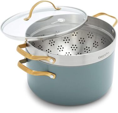 Каструля GreenPan Padova Reserve з антипригарним покриттям Hartelox, 18 см, 2 л, з кришкою з термостійкого скла, PFAS-free, для індукційних плит, з золотим ручками, придатна для миття в посудомийній машині та для випікання, колір: Димчастий блакитний (з ф