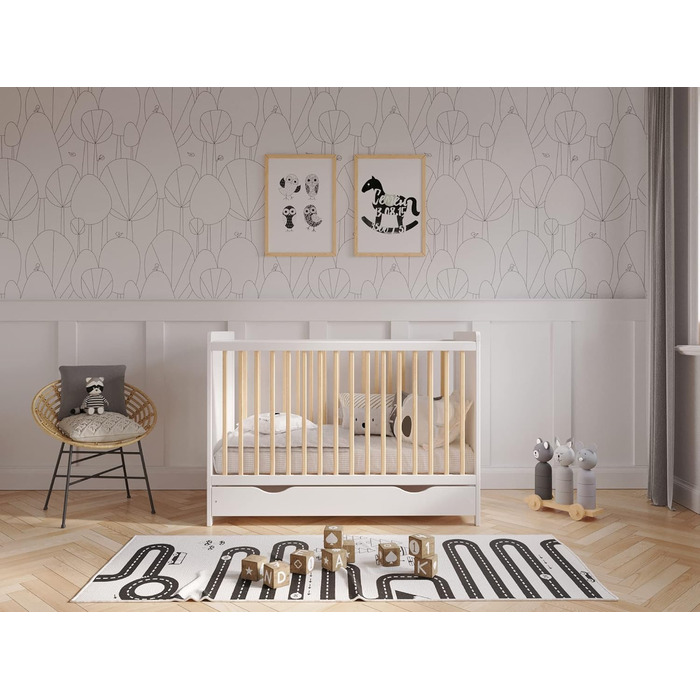 Дитяче ліжечко Love For Sleep з шухлядою та матрацом алое вера 120 x 60 см, бар'єр безпеки, шини для прикусу (білі/соснові)