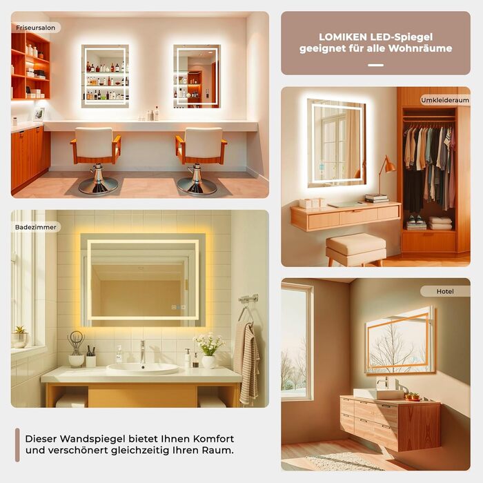 Дзеркало для ванної кімнати LOMIKEN з підсвічуванням, 60x50x3,5 см, LED, 6400K, 3 колірні температури, антивідблиск, вертикальна/горизонтальна установка