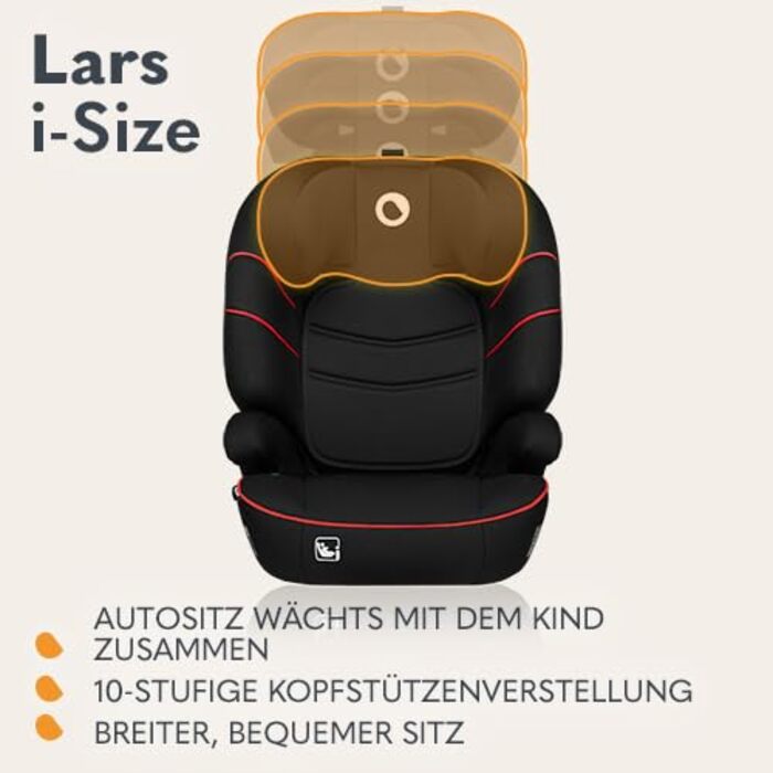 Автокрісло Lionelo Lars i-Size 100–150 см, Група 2/3, чорно-червоне, з регулюванням підголівника та бічними захистом