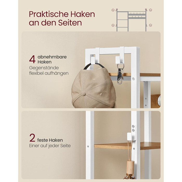 Вільна стійка для одягу VASAGLE з полицею для взуття, 5 поличок, 9 тричі гачки, 6 бічних гачків, 40 x 120 x 190 см, вінтажний колір, HSR426B01