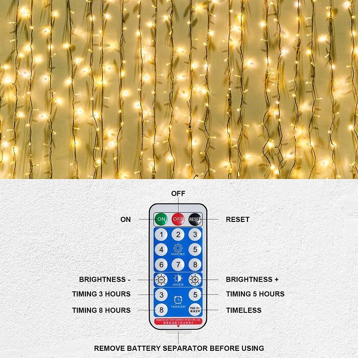 Гірлянда на сонячних батареях, FANSIR 3 X 3 м, 300 світлодіодних гірлянд, завіса з 8 режимами дистанційного керування, водонепроникні гірлянди на сонячних батареях